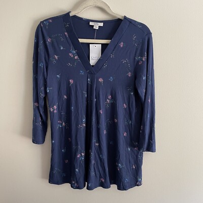 Croft & Barrow Women SZ S Navy Blue/Purple Floral 3/4 Sleeve V Neck Shirt NWT