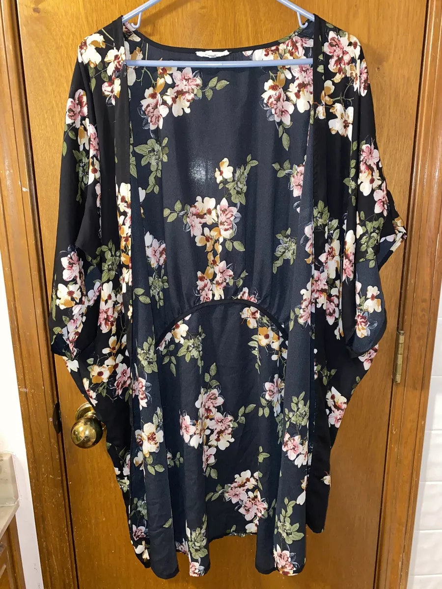 Maurice s Black Floral Kimono Cardigan Women s Size Large XL
