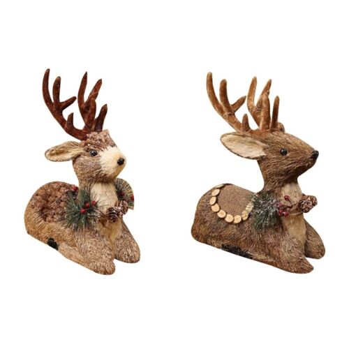 Christmas Elk Ornament Woven Straw Sitting Reindeer for Doll Decor - Photo 1/8