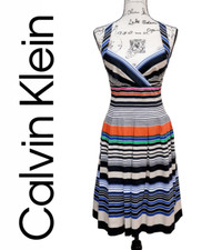 NWT CALVIN KLEIN Retro Striped Cross-back Pleated Dress SIZE S MSRP $134