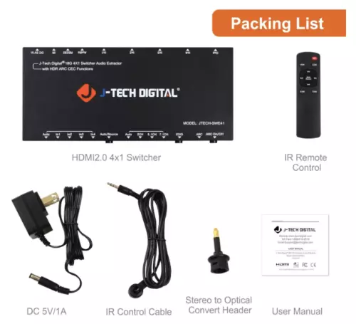 J-Tech Digital HDMI Audio Extractor Switcher 4x1 HDMI 2.0 4K 60Hz with 18Gbps, H
