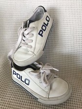 Kids Polo Ralph Lauren Tennis Sneakers lace up size 8 white navy Very Good Condi