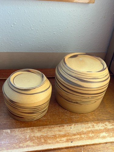 Vintage Lot of Tan & Brown Mission Swirled Art Pottery Shallow Vases Planter Pot - Picture 11 of 16