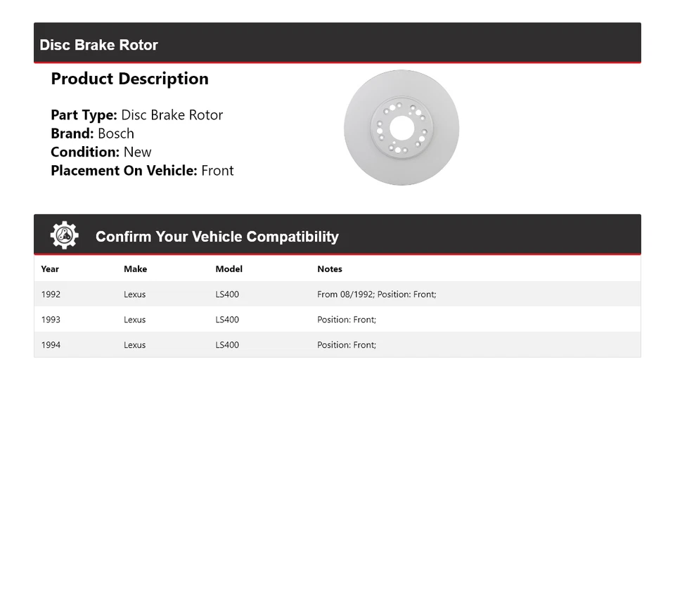 For 1992-1994 Lexus LS400 Bosch QuietCast Disc Brake Rotor Front 1993 - Imagem 2 de 4