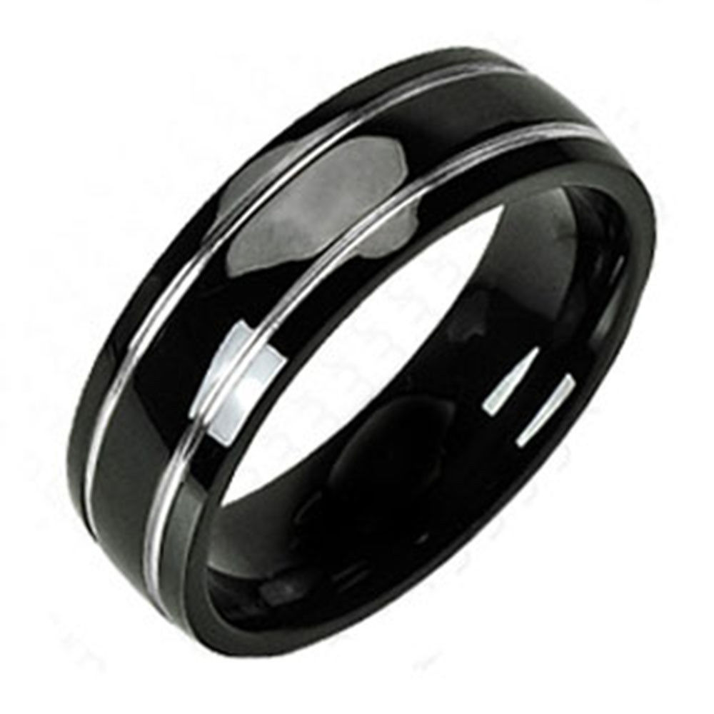 Anillo para Hombre Adolescente Titanio Negro 2 Trazos Fino Plata Nuevo 0523