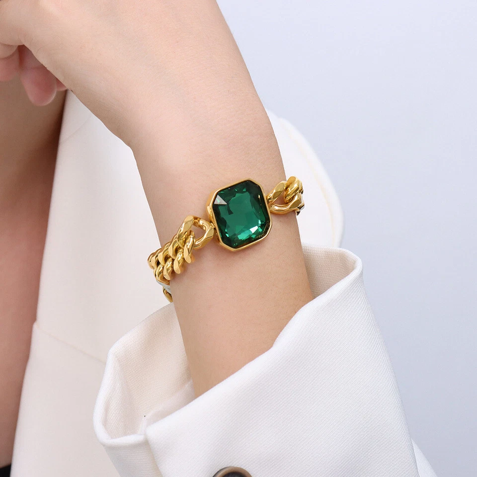 Brazalete ancho cubano esmeralda simulada acero inoxidable chapado en oro de 18 quilates para mujer Foto 2 de 4
