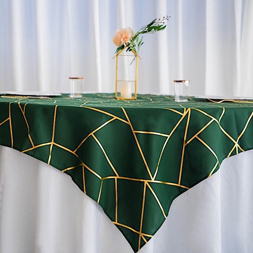 HUNTER GREEN GOLD 54"x54" POLYESTER TABLE OVERLAY Metallic Geometric Pattern - Picture 5 of 8