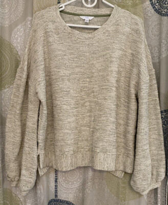 Time Tru Sweater XL 16/18 Texture Stripes Green Long Balloon Sleeve High Low
