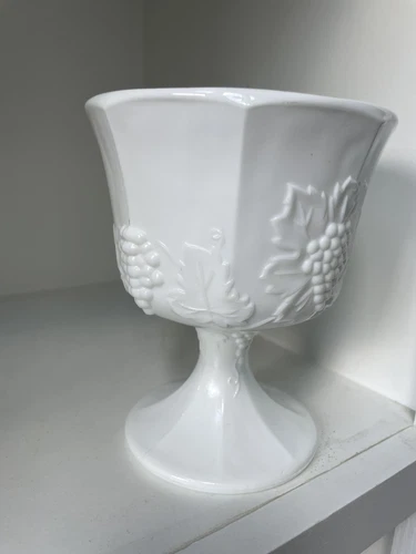 Vintage Indiana Glass Milk Glass Compote Pedestal Bowl Colony Harvest Grape