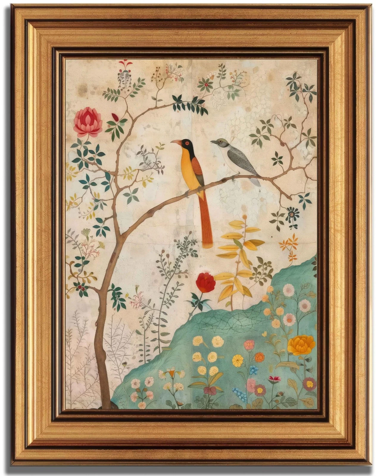 Gold Framed Vintage Floral Bird Canvas Wall Art Boho Plant Flower Sparrow Pai...