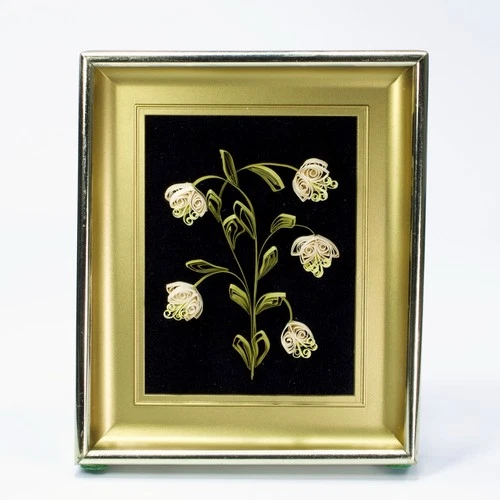 Quilling Paper Folk Art Flowers Lily of the Valley Vintage Shadowboxed 6"