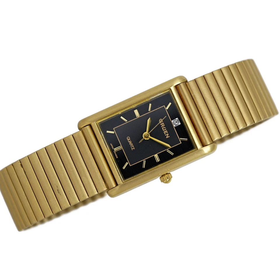 Reloj Pulsera Gruen Tank Vintage Años 90 Damas Chapado en Oro Esfera Negra Cuarzo Foto 2 de 4