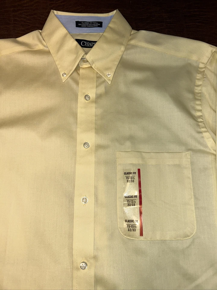 NWT’s MEN'S CHAPS Yellow Classic Fit SHIRT SZ LG 15-15.5 32/33 Twill Canary - Image 2 of 4