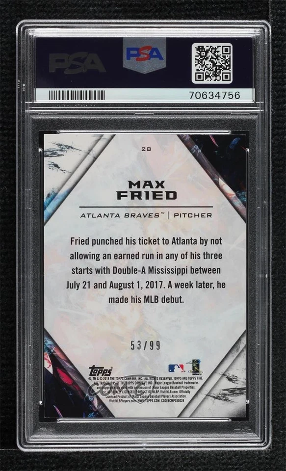 2018 Topps Fire Purple /99 Max Fried #28 PSA 8 Rookie RC - Image 2 of 2