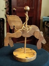 Vintage Carousel Wooden Horse Figurine Statue Hand Made 10" T x 9 " W on Stand