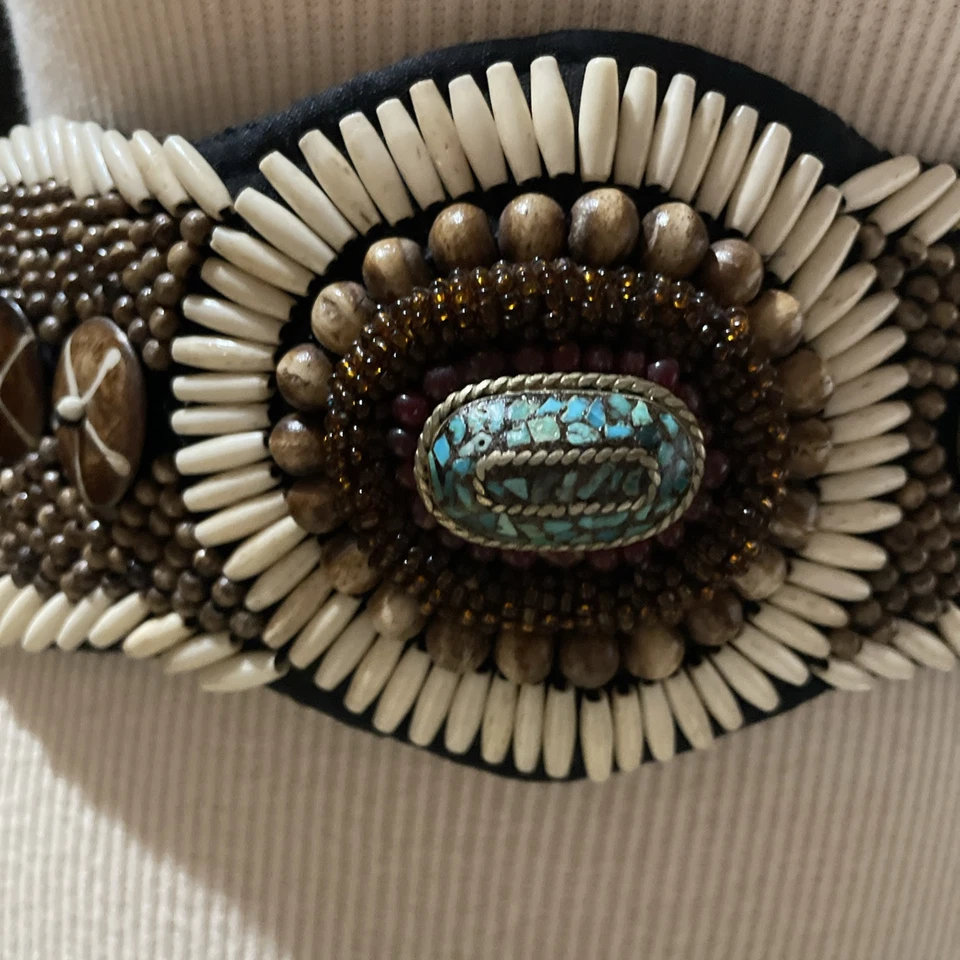 CULTURE SHOCK Hecho a Mano India por Refugiados Nuevo con Etiquetas $125 Madera Cuentas, Cinturón Faja Piedra Foto 2 de 4