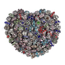 60 Pieces Assorted European Beads with Plating Silver Metal Alloy Rhinestone ...