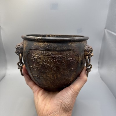 Bronze Schale Jardiniere chinesisch 15cm Durchmesser schwer 1,6 kg signiert Ringgriff
