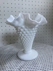 Fenton White Milk Glass Hobnail Vase with Ruffled Edge-mint Condition