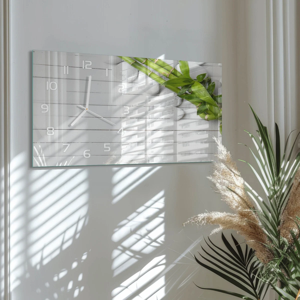 Reloj de Pared Rectangular Horizontal Diseño Elegante de Vidrio Bambú 60x30 cm