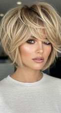 Short Creamy Blonde Ash Brown Highlight Wig with Bang Human Hair Lace Front Wigs
