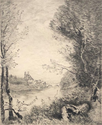 Camille Corot view of Mantes Yvelines engraver Pinet drypoint 1910 Barbizon