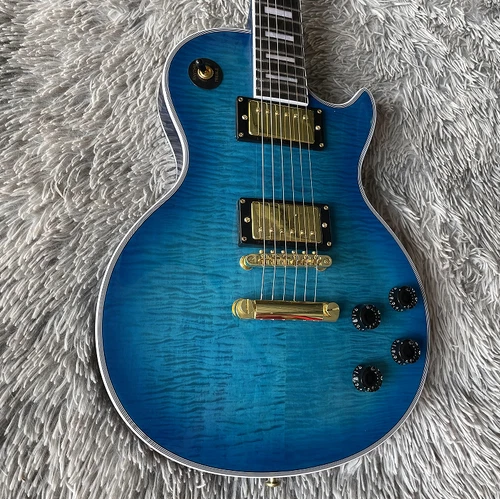 Custom Shop Electric Guitar LP Blue H-H Pickups Flamed Maple Top Gold Hardware