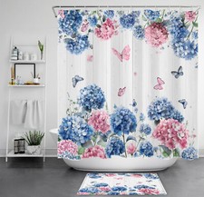 Retro Pink Butterfly Blue Hydrangea Flower Shower Curtain Set for Bathroom Decor