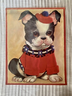 Vintage Boston Terrier Puppy in Red Sweater and Beret Print 11