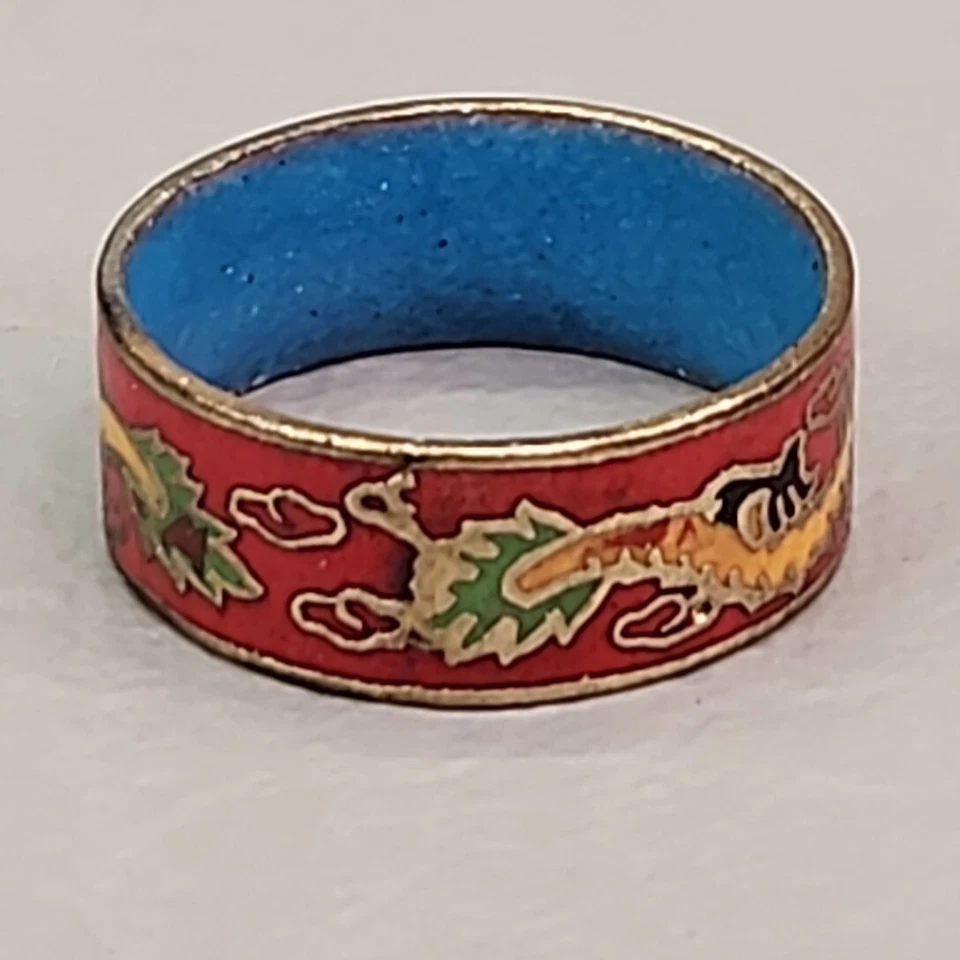 Anillo Cloisonne Dragón Banda Rojo Multicolor Tono Dorado Asiático 6mm Talla 5.5 Foto 4 de 4