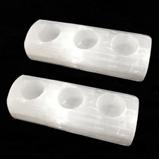SET OF 2 ~ Natural Selenite Crystal Candle Holder 3 Hole Log Handmade CHARGE