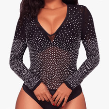 Brand New Ombre Rhinestone Sparkle Mesh Long Sleeve Bodysuit - Black
