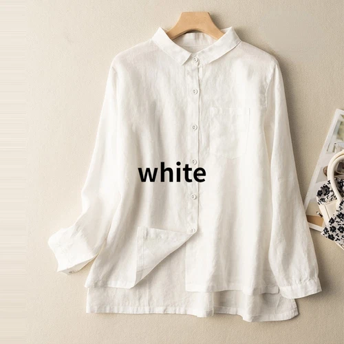 Camicia donna stile vintage cotone lino blusa top bottoni elegante casual tinta unita - Foto 6 di 24