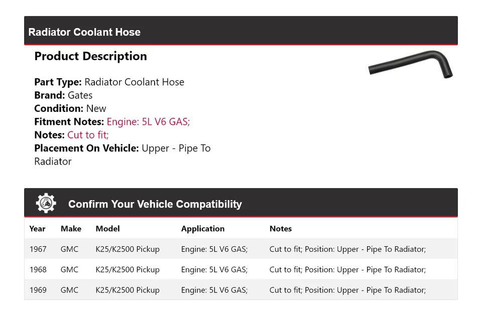 Puertas de manguera de refrigerante de radiador 1968 para camioneta GMC K25/K2500 1967-1969 Foto 2 de 4