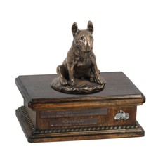 Bull Terrier IX - urn for dog ashes, personalized urn with a statue, wooden urn