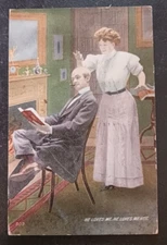 1910 postcard He loves me he loves me not woman pulling bald man's hair humor