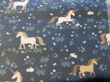 Tiny Unicorn Horses & Flowers on Dark Blue Cotton Fabric 1 Yard by Dear Stella