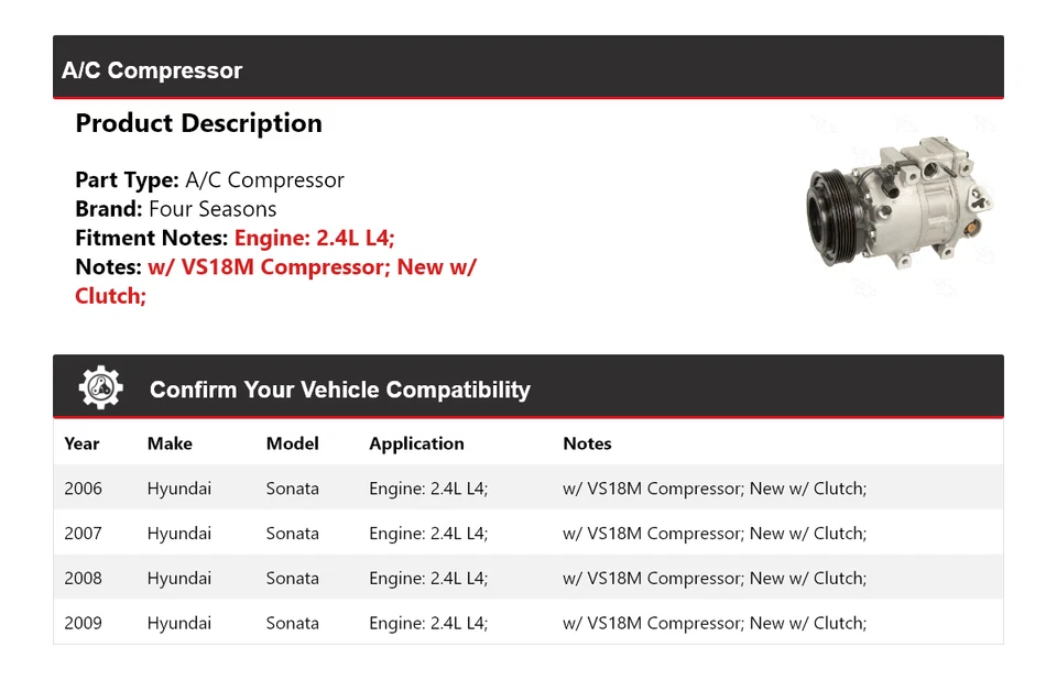 Compresor de aire acondicionado para Hyundai Sonata 2006-2009 2,4 L L4 4 estaciones 2007 2008 Foto 2 de 4
