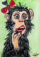 ACEO Funny Lady Monkey Lipstick Whimsical Expression Acrylic Painting Art Card