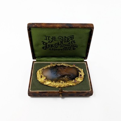 KF Workmaster Mark Scenic Moss Agate Brooch 88 Silver Gilt Boxed Antique Russian
