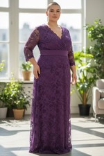 Kiyonna Eggplant Purple Ven Style Lace Dress Women Plus Size 3 3/4 Sleeve formal