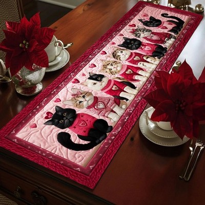 Cute Cats Quilt Table Runner Valentine Decor Cat Lover Quilted Romantic Home Art