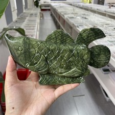 2LB 7.4"Natural Xiuyan Jade Pez Cristal Cuarzo Tallado a Mano Reiki Decoración del Hogar