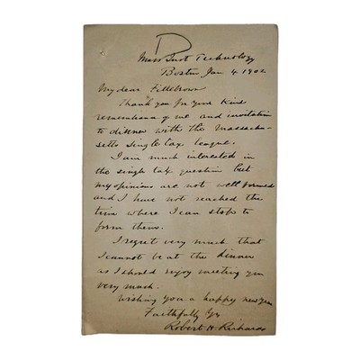 1902 MIT Prof Robert H Richards ALS Single Tax League Boston Fillebrown