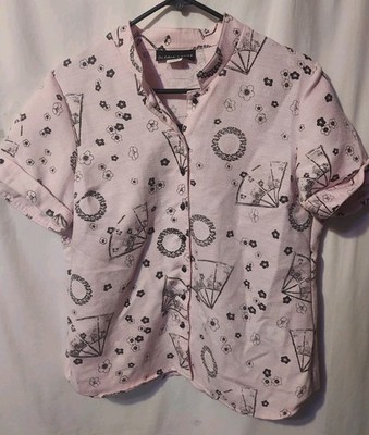 VTG Gloria Lance 2-n-1 Blouse Womens Large Pink Floral Button Up, Modesty Panel