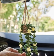 Car Plant Crochet Hanging Basket Cute Rearview Mirror Hanging Ornament Car Decor