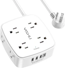 Compact 10 Ft USB Charging Station with 8 AC Outlets & Surge Protection - White