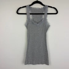 Womens Lace Trim Y2K Stretch Rib Knit Long Fitted Cami Oatmeal Grey Tank Top 