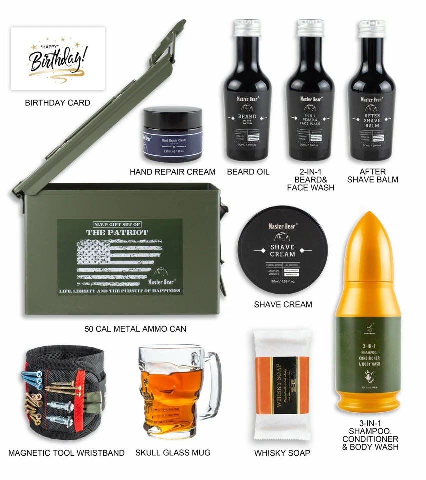 Juego de regalos de cumpleaños para hombre - 50 latas de munición de metal Cal | Kit de aseo | Taza calavera Foto 2 de 4