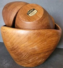 Dolphin Teakwood Salad Bowl Fruit Food Set Of 5 Thailand 1970s 